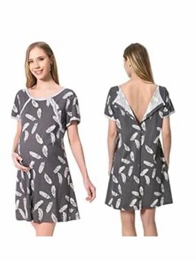 Feather Print labor and delivery gown - Charcoal & Cream
